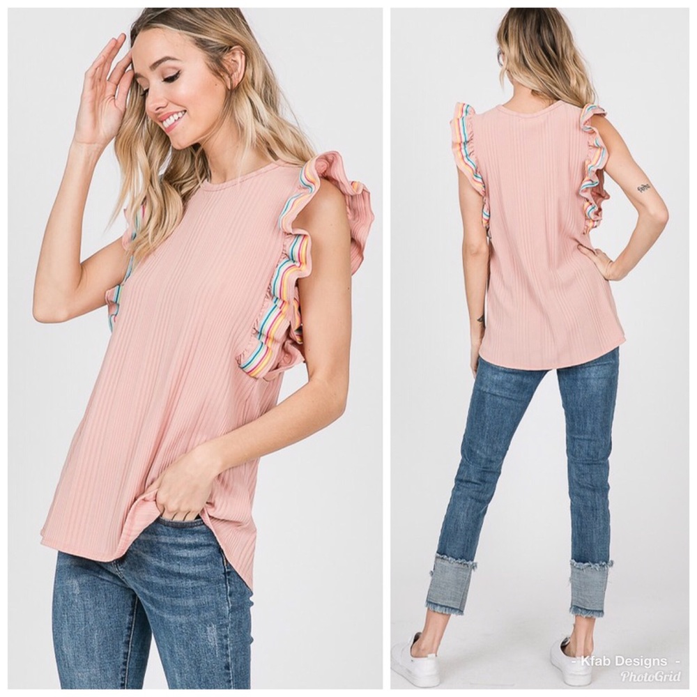π LAST 1! Blush Ribbed Rainbow π Ruffle Top! - Picture 6 of 7